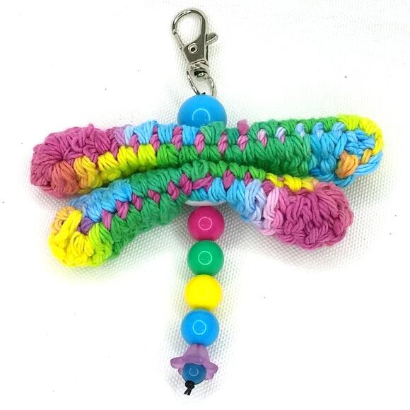 Crochet Dragonfly Bag Charm Hand Crafted Colorful Beaded Purse Keychain NEW - Picture 3 of 7
